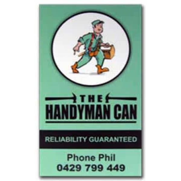 A card featuring a cartoon handyman, mostly green with a logo, contact information, and a tagline about reliability.