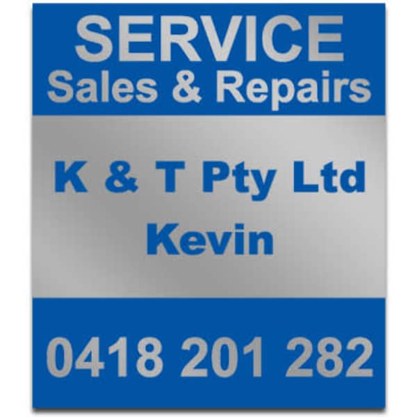 A metallic sign featuring a blue background with white text, displaying service details and a contact number.