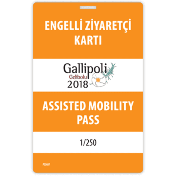 An orange plastic lanyard card featuring a logo and the text "Assisted Mobility Pass" with a numbered indication.