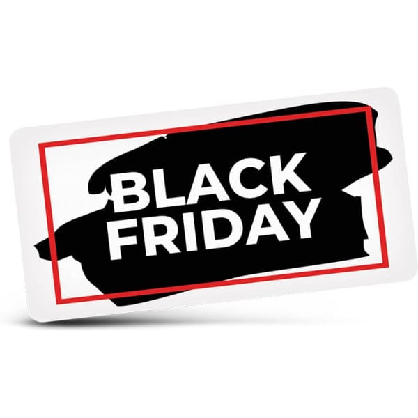 A rectangular sticker featuring a black brushstroke design with a bold 