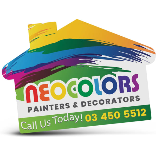 A house-shaped promotional sticker in vibrant colours with a logo and contact information.