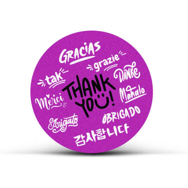A purple circular sticker featuring various 
