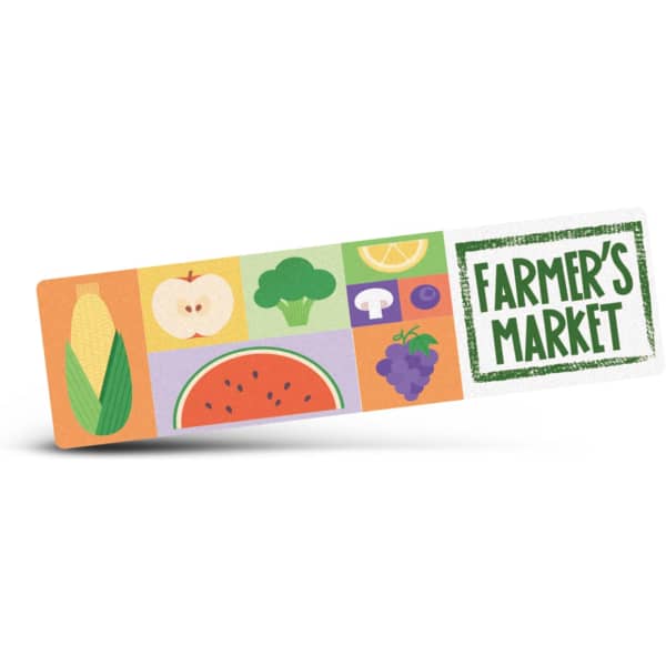 A colourful sticker featuring illustrations of various fruits and vegetables, with a logo indicating 