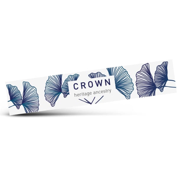 A rectangular sticker featuring blue botanical designs with a logo and text on a white background.