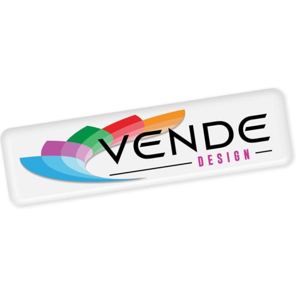 A rectangular label with a colourful design and a logo featuring the text 