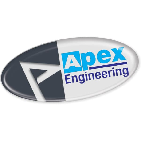 An oval resin-coated label featuring blue and grey colours with a logo for Apex Engineering.