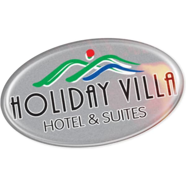An oval resin-coated label featuring a colourful logo and the text 