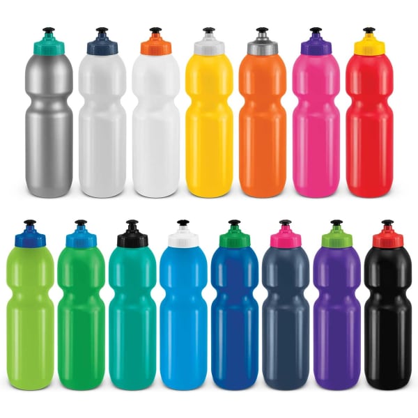 A range of drink bottles in various colours, including silver, white, yellow, pink, green, blue, and black. Each bottle features a cap and has branding.