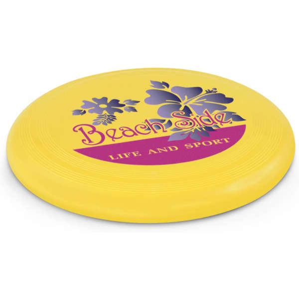 A yellow frisbee with floral designs and a logo featuring the text 