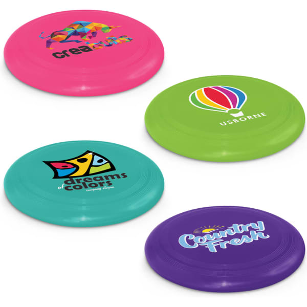 A set of four frisbees in pink, green, purple, and blue, each featuring distinct logos and designs.