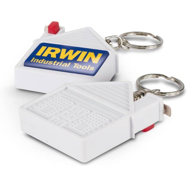 A house-shaped tape measure key ring in white, featuring a logo and a metal keyring attachment.