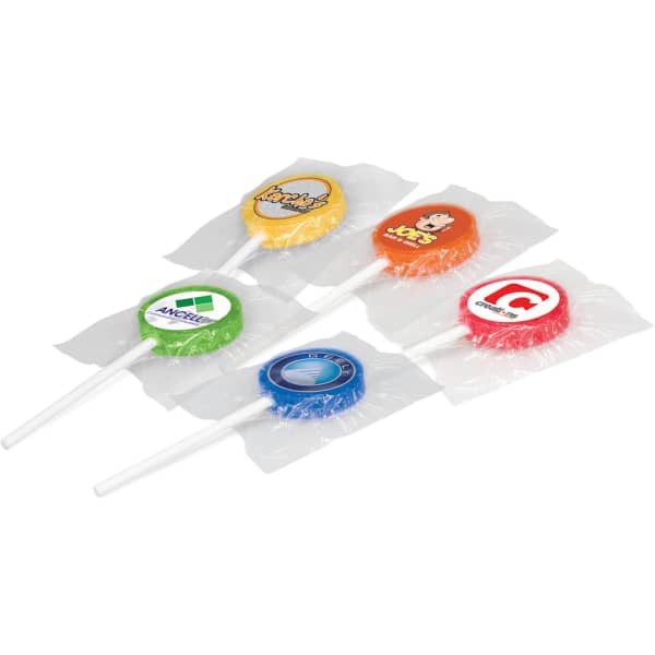 Five individually wrapped lollipops in vibrant colours: yellow, green, orange, blue, and red with logos on each.