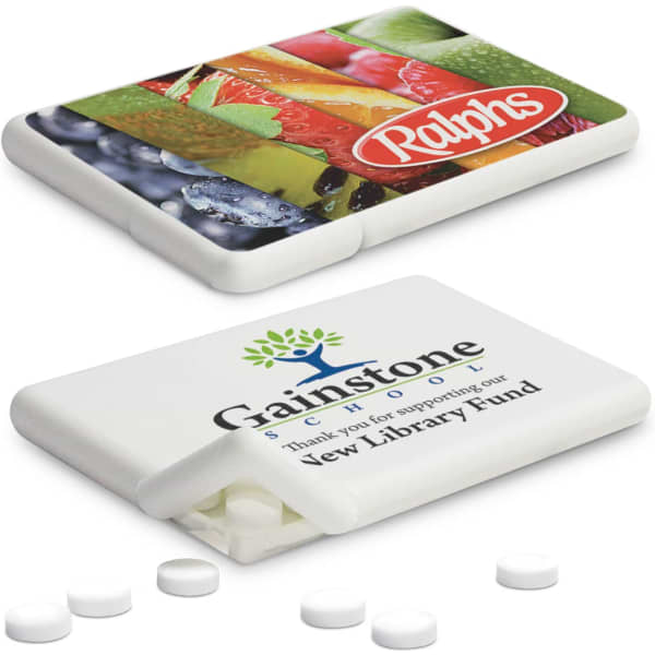 A mint card featuring a colourful fruit design with an open case and white mints inside. It has a logo on one side.