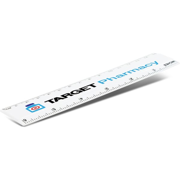 A 15cm white mini ruler with black and blue markings and a logo. Ideal for office and business use.