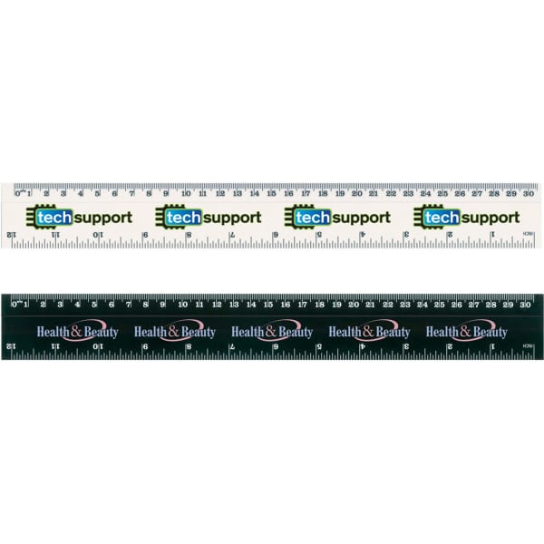 A dual-sided ruler featuring a white side with text and a black side with different text, both displaying measurement markings.