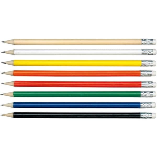 A collection of eight HB pencils in various colours: red, yellow, green, blue, black, white, and natural wood.