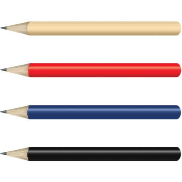 HB Mini Pencils in beige, red, blue, and black, featuring sharpened tips and a simple design.