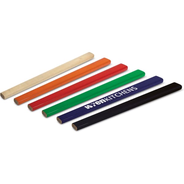 A set of carpenters pencils in various colours: natural wood, orange, green, blue, and black, featuring a logo.