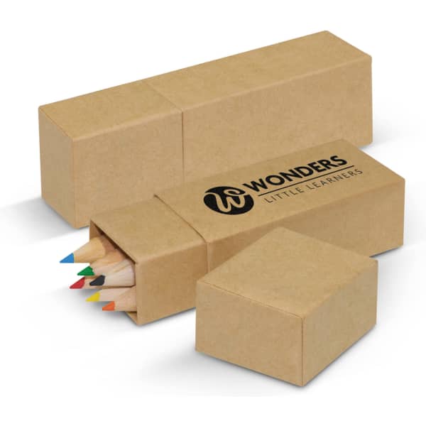 A coloured pencil set in a cardboard box, featuring pencils in various colours and a logo on the packaging.