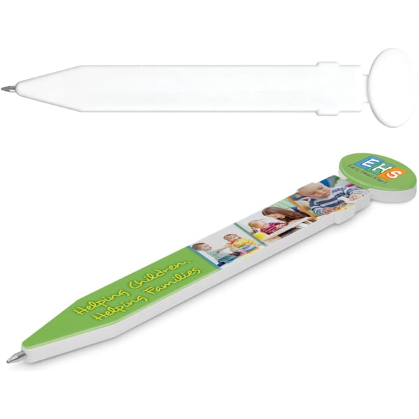 A white plastic pen with a large rounded end and a colourful design featuring children and a logo.