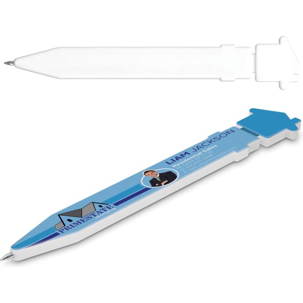 A plastic pen in blue and white, featuring an arrow design and a branding logo.