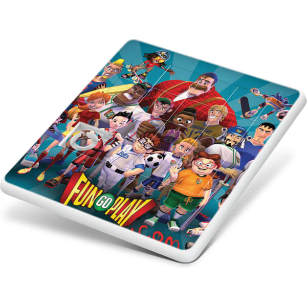 A jigsaw puzzle featuring a colourful illustration of various playful characters in vibrant attire. The puzzle has a glossy finish.
