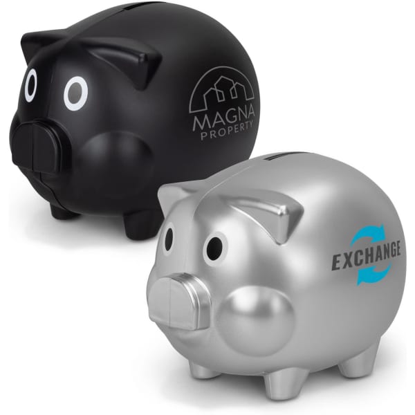 A black piggy bank and a silver piggy bank with eyes and different logos on each.