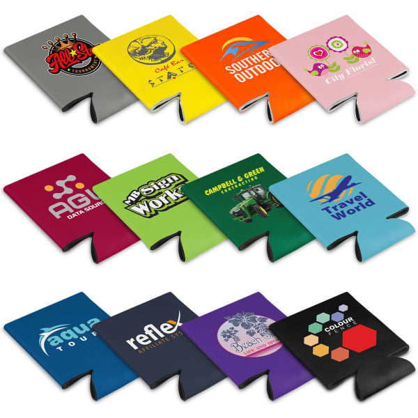 A selection of colourful stubby coolers in various designs and logos, including grey, yellow, orange, green, and blue.