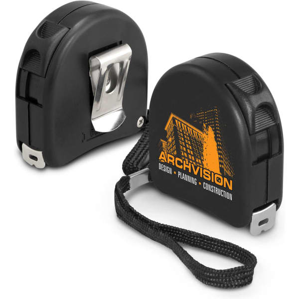 A black locking tape measure with a clip and a strap, featuring an orange logo.