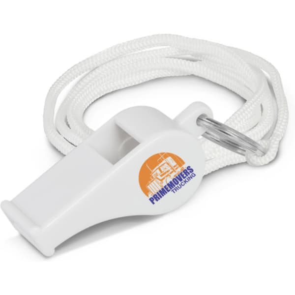 A white sports whistle attached to a cord, featuring a logo on its side.