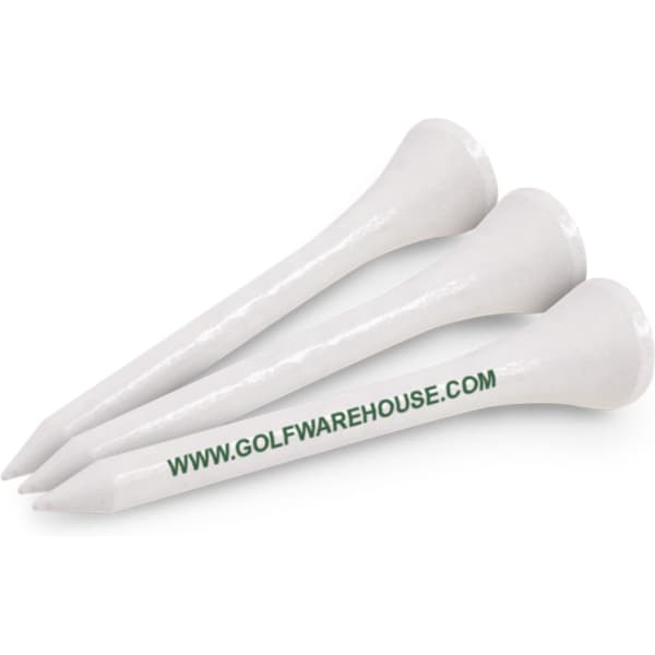 Three white golf tees with a logo printed on one side, arranged together.
