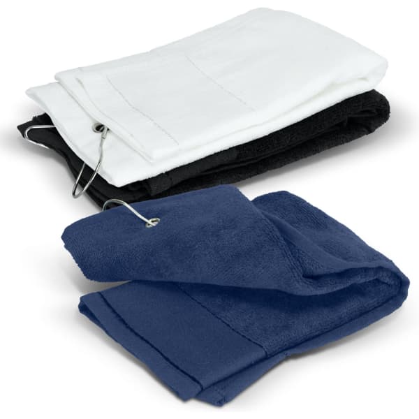 A set of golf towels in white, black, and navy blue, neatly folded with a clip included.