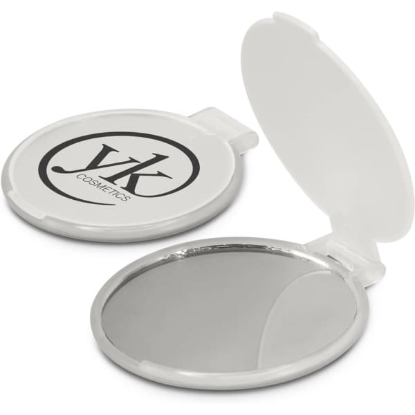 A compact mirror with a white exterior and a silver mirror inside. It has a logo printed on the case.