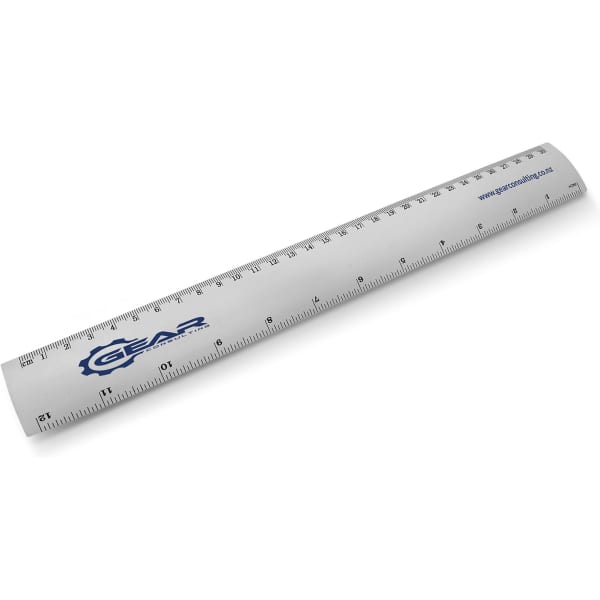 A metal ruler, 30cm in length, featuring measurements in millimetres and inches, with a branding logo.
