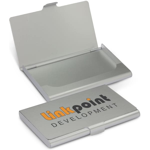 A silver aluminium business card case with a hinged lid and internal compartment. It features a branding logo.