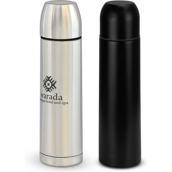 A drink bottle set featuring a silver and a black 750ml vacuum flask, both with logos.