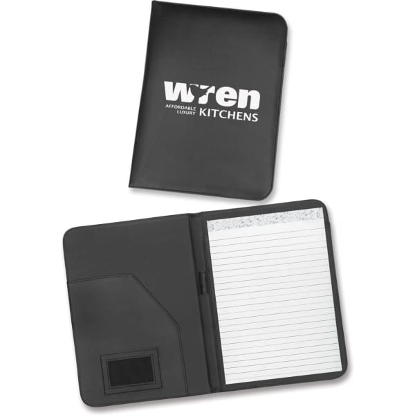 A black portfolio featuring a logo, with an interior pocket and lined notepad.