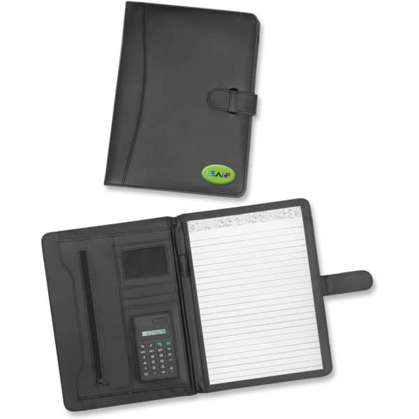 A black Inverness portfolio featuring a calculator, notepad, and pockets for cards and organisation.
