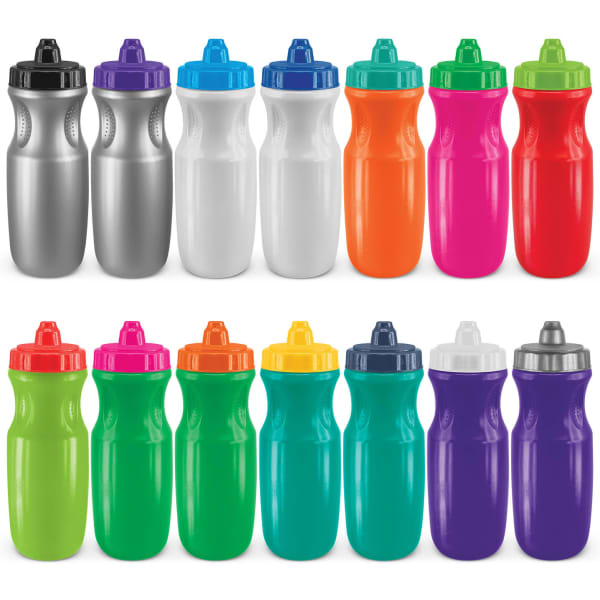 A drink bottle collection featuring various colours: silver, white, orange, pink, green, blue, and purple, with caps of different colours.