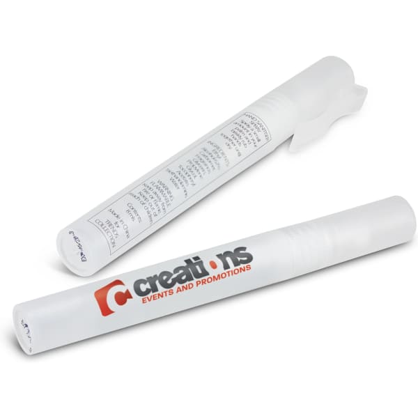 A hand sanitiser stick in a white tube, featuring a logo and printed information on the side.