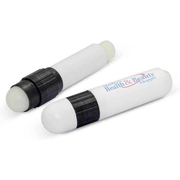 Two white lip balm tubes with black twist caps, featuring a logo on one of the tubes.
