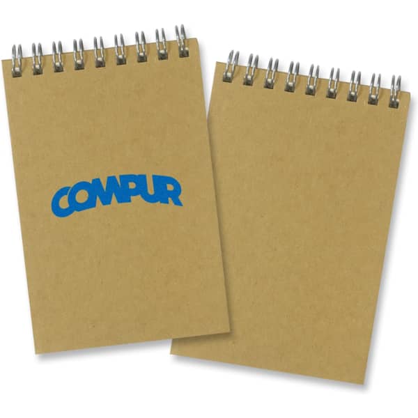 A small kraft note pad with spiral binding, featuring a blue logo on the front.