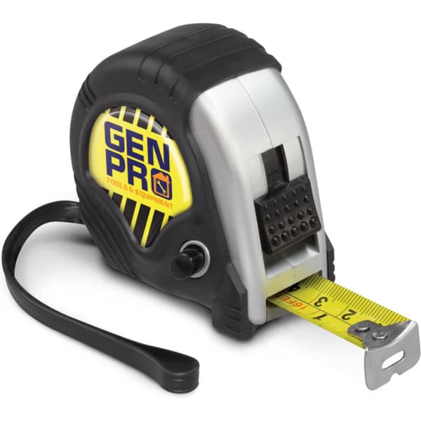 A 5 metre tape measure in black and yellow, featuring a tape with measurements and a branded logo.