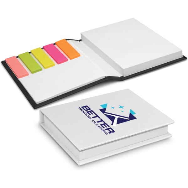 A hard cover notebook with sticky flags in pink, orange, green, and yellow, featuring a logo on the cover.