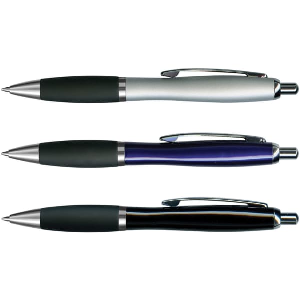 A collection of three metal pens in silver, blue, and black, each with a textured grip and chrome accents.