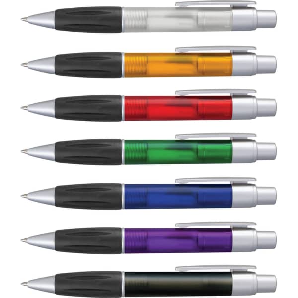 A set of plastic pens in various colours including clear, orange, red, green, blue, and purple, each with a silver trim and logo.