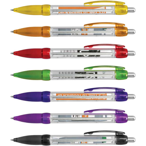 Eight plastic pens in various colours including yellow, orange, red, green, purple, and black, featuring a logo on each pen.