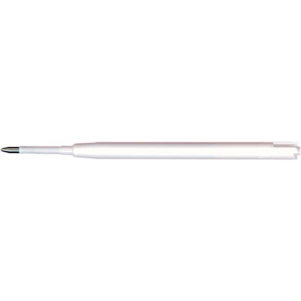 A white pen refill with a fine tip and a pointed end, featuring a simple design and a branding logo.