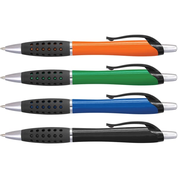 Four plastic pens in orange, green, blue, and black, featuring a textured grip and silver accents. Each pen has a logo.