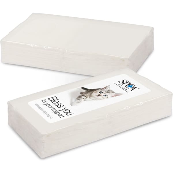 A stack of white tissues with a cat graphic on the packaging. Features a logo on one side.